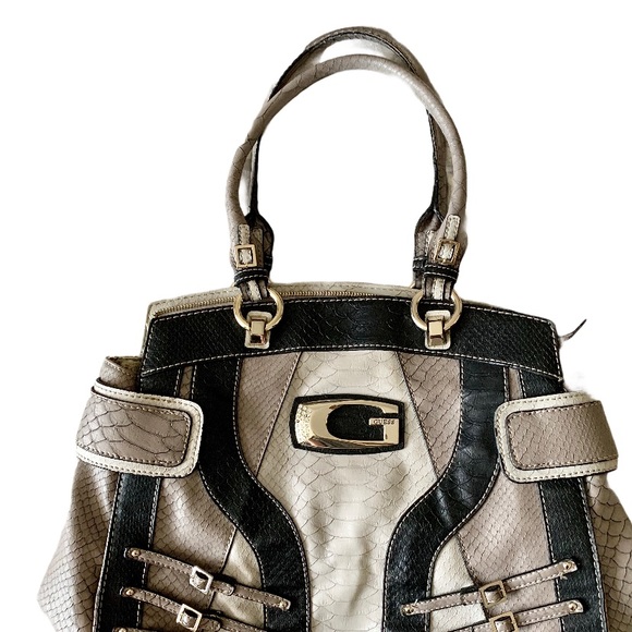 GUESS tan, white & black faux snakeskin tote purse - Picture 2 of 5